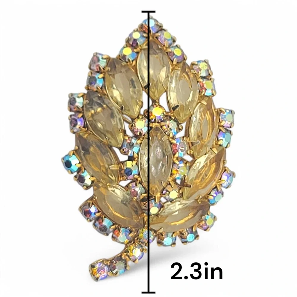 Vintage Juliana D&E Aurora Borealis Rhinestone Yellow Leaf Brooch Gold Tone
